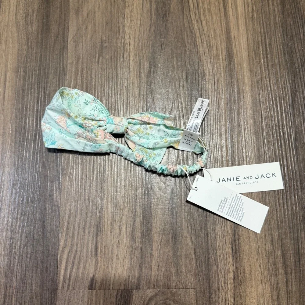 Janie and Jack Headband Kids One Size Mint Green Floral Knotted Bow Elastic NWT
